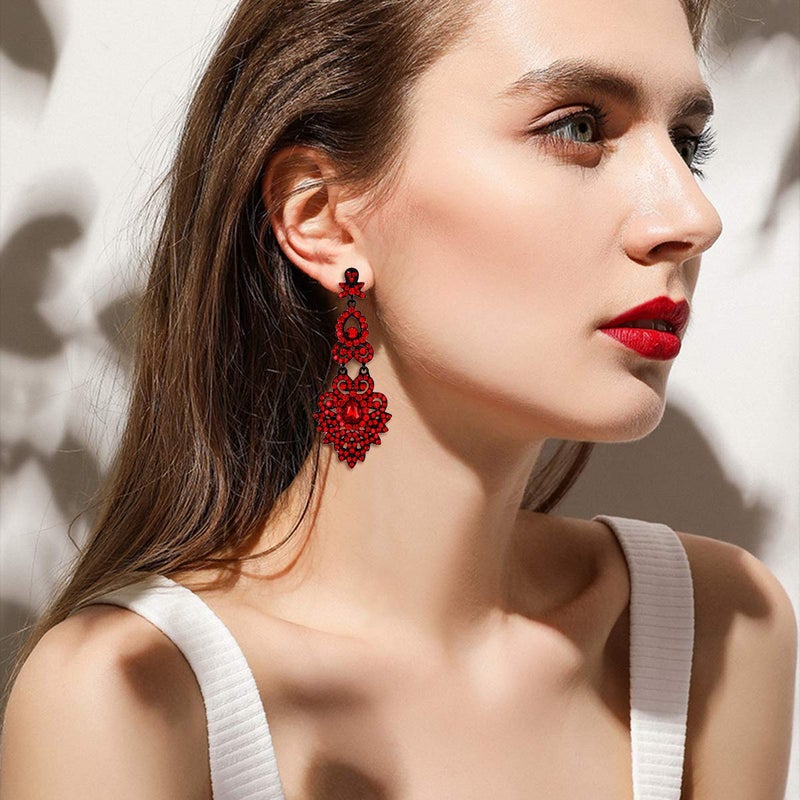 Flyonce Bridal Crystal Vintage Style Art Deco Chandelier Dangle Earrings for Women Red, Wedding Jewelry - Image 3